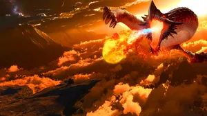 A Dragon Flying In The Sky With Fire Wallpaper