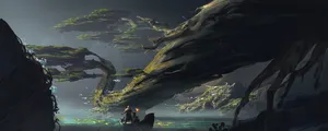 A Fantasy Scene With A Tree And A Waterfall Wallpaper