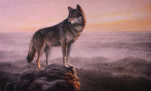 A Fierce, Yet Majestic Pink Wolf Stares Directly At The Audience. Wallpaper