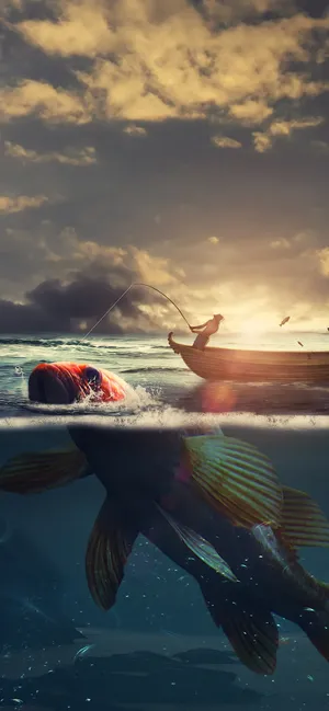 A Fish Swimming In The Water With A Boat Wallpaper