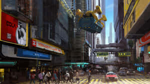 A Futuristic Skyline Of A Cyberpunk City Wallpaper