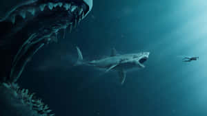 A Gargantuan Great White Shark Swimming In The Deep Blue Sea Wallpaper