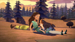 A Girl And A Boy Are Laying On The Ground In A Forest Wallpaper
