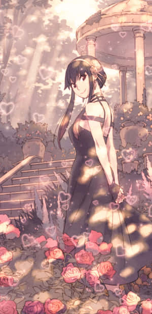 A Girl In A Black Dress Standing In A Garden Wallpaper