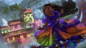 A Girl In A Colorful Dress Flying Over A Colorful House Wallpaper
