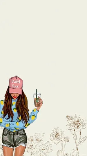 A Girl In A Hat And Shorts Holding A Drink Wallpaper