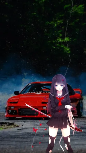 A Girl In A Red Dress Standing Next To A Red Car Wallpaper