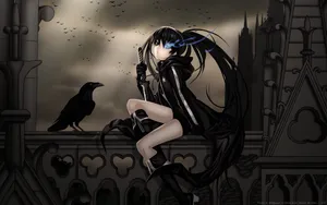 A Girl In Black Sitting On A Ledge With A Crow Wallpaper