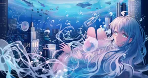 A Girl Is Floating In The Water With A City In The Background Wallpaper