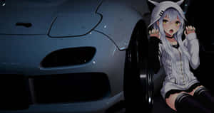 A Girl Is Sitting On The Ground Next To A Car Wallpaper