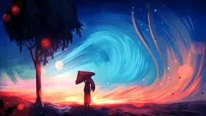 A Girl Is Standing In The Middle Of A Field With A Tree Wallpaper