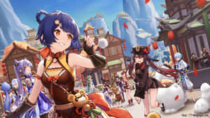 A Girl Is Walking Down A Street With Other Characters Wallpaper