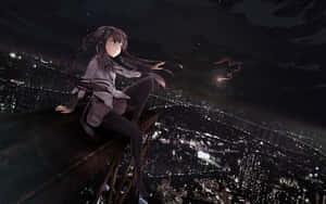 A Girl Sitting On A Ledge Overlooking A City At Night Wallpaper