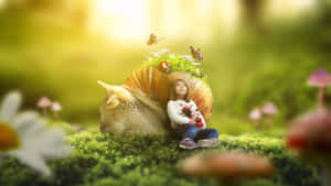 A Girl Sitting On A Snail In The Grass Wallpaper