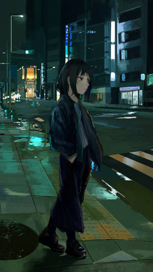 A Girl Standing On A Street At Night Wallpaper