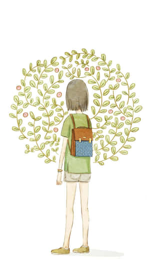 A Girl With A Backpack Standing In A Tree Wallpaper