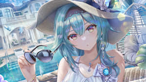 A Girl With Blue Hair And Sunglasses Is Holding A Hat Wallpaper