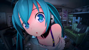 A Girl With Blue Hair Is Looking At Something Wallpaper
