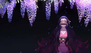 A Girl With Long Hair Standing Under Purple Flowers Wallpaper