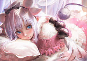 A Girl With Pink Hair And Blue Eyes Is Laying On A Pillow Wallpaper