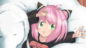 A Girl With Pink Hair Laying On A Furry Blanket Wallpaper