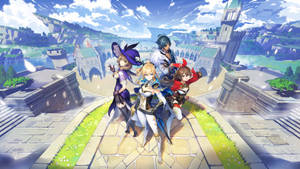 A Group Of Anime Characters Standing On A Castle Wallpaper