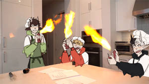 A Group Of Cartoon Characters Are Holding Fire Tongs Wallpaper