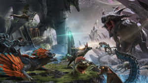 A Group Of Dinosaurs And Other Creatures Are In A Cave Wallpaper