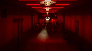 A Hallway With Red Lights Wallpaper