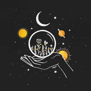 A Hand Holding A Glass Ball With Stars And Planets Wallpaper