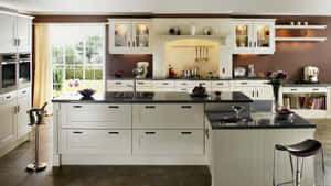 A Kitchen With A White Island And Stools Wallpaper