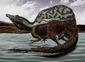 A Large Dinosaur Is Standing In The Water Wallpaper