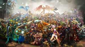 A Large Group Of Characters Standing In A Dark Room Wallpaper