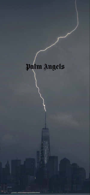 A Lightning Bolt Is Shown Over A City With The Words Prum Angels Wallpaper