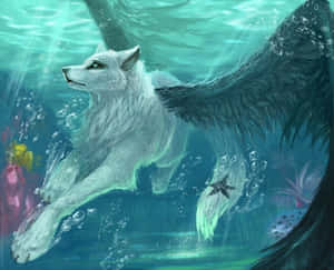 A Majestic Winged Wolf Soaring Through The Night Sky Wallpaper