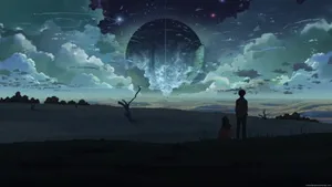 A Man And Woman Standing In A Field Looking At A Large Spaceship Wallpaper