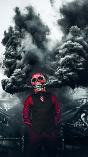 A Man In A Red Suit Standing In Front Of A Black Smoke Wallpaper