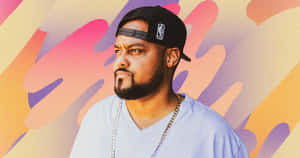 A Man In A White Shirt And Hat Is Standing In Front Of A Colorful Background Wallpaper