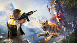 A Man Is Holding A Gun And A Tiger Wallpaper