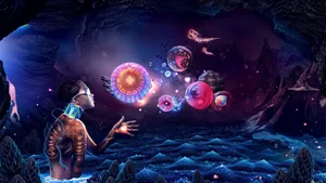 A Man Is Standing In A Cave With A Lot Of Spaceships Wallpaper