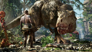 A Man Is Standing Next To A Dinosaur In A Jungle Wallpaper