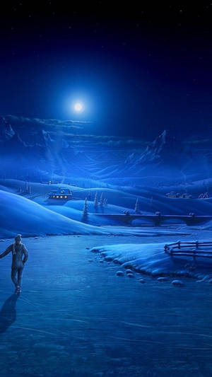 A Man Is Walking Across A Frozen Lake At Night Wallpaper