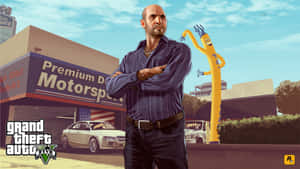 A Man Standing In Front Of A Building With A Yellow Car Wallpaper