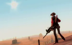 A Man With A Gun Is Standing On A Hill Wallpaper