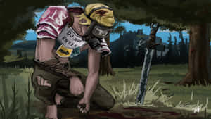 A Man With A Knife And A Gun Is Kneeling In The Woods Wallpaper