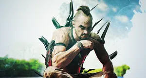 A Man With A Knife In His Hand Is Sitting On A Rock Wallpaper