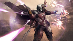 A Mandalorian With A Gun And A Purple Light Wallpaper