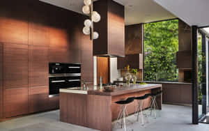 A Modern Kitchen With Wooden Cabinets And A Large Window Wallpaper