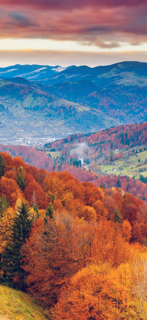 A Mountain Range With Trees In The Fall Wallpaper