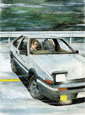 A Painting Of A Car Driving Down The Road Wallpaper